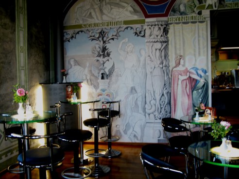 Designs for film set on wall of café Neuschwanstein Castle Bavaria